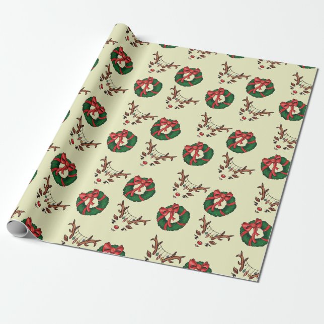 Christmas Pattern, Cute Reindeer, Green Wreath Wrapping Paper (Unrolled)