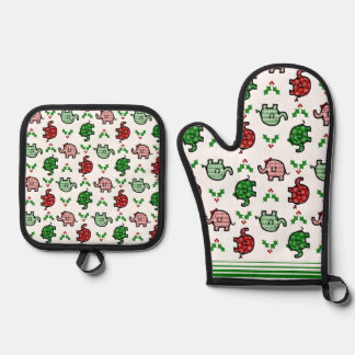 Christmas-Pattern Elephant Oven Mitt & Pot Holder Set