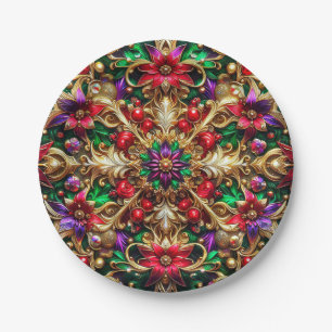 CHRISTMAS PATTERN ~ Floral ~ Red Green Gold ~ Paper Plate