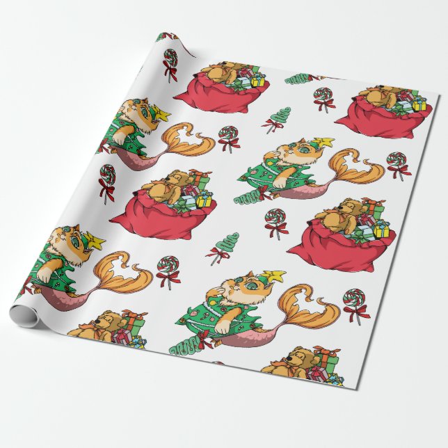 Christmas Pattern Funny Mermaid Cat Wrapping Paper (Unrolled)