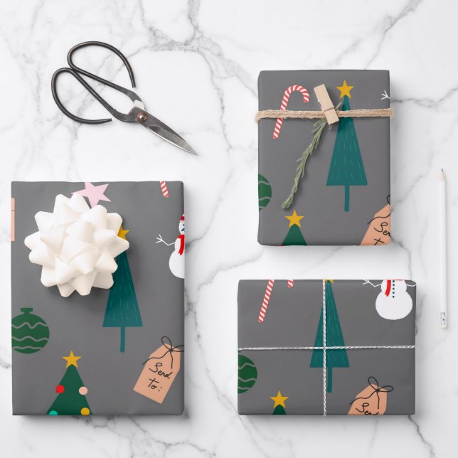 Christmas Pattern-Gray Wrapping Paper Sheet (Front)