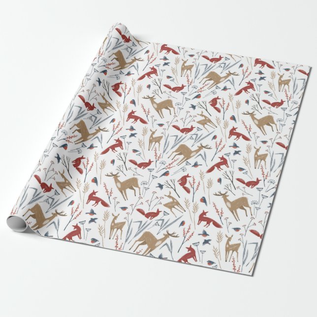 Christmas Pattern Of Animals And Winter Plants Wrapping Paper (Unrolled)