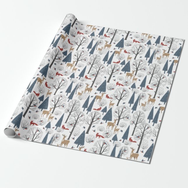 Christmas Pattern Of Animals In Winter Forest Wrapping Paper (Unrolled)