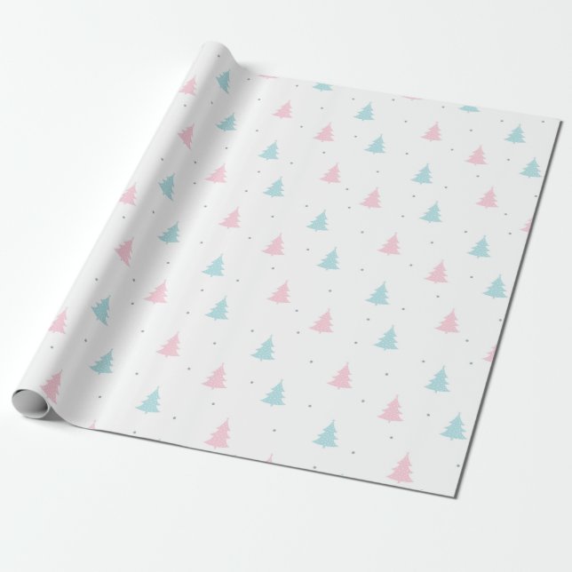 Christmas Pattern Of Blue, Pink Spruce Trees Wrapping Paper (Unrolled)