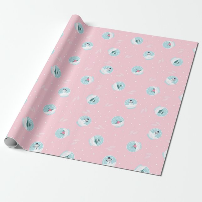 Christmas Pattern Of Magic Snowballs On Pink Wrapping Paper (Unrolled)