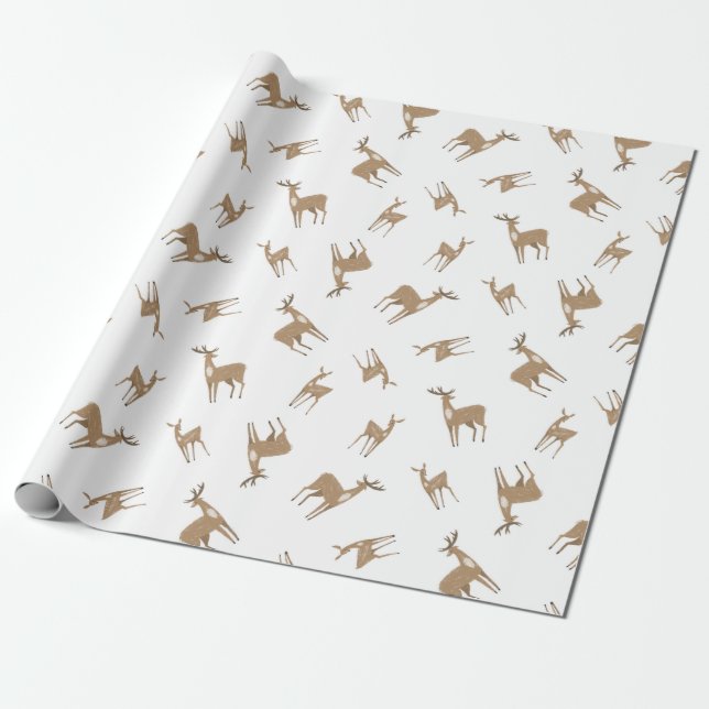 Christmas Pattern Of Yellow Deers On Snow Wrapping Paper (Unrolled)