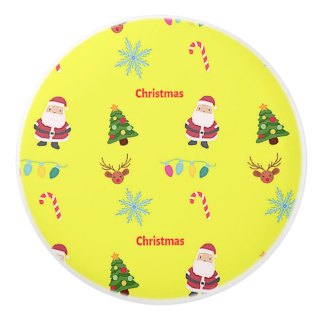 Christmas pattern on yellow ceramic knob (Front)
