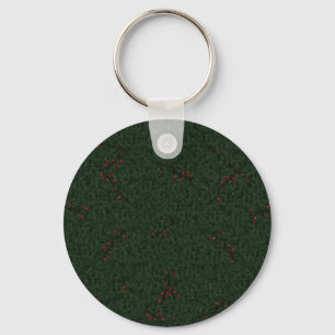Christmas Pattern Pine Needles and Red Berries Key Ring