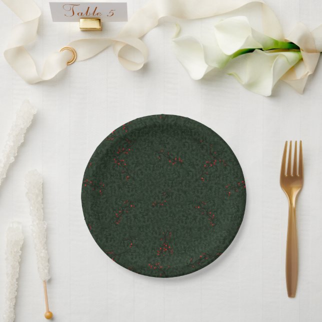 Christmas Pattern Pine Needles and Red Berries Paper Plate (Wedding)
