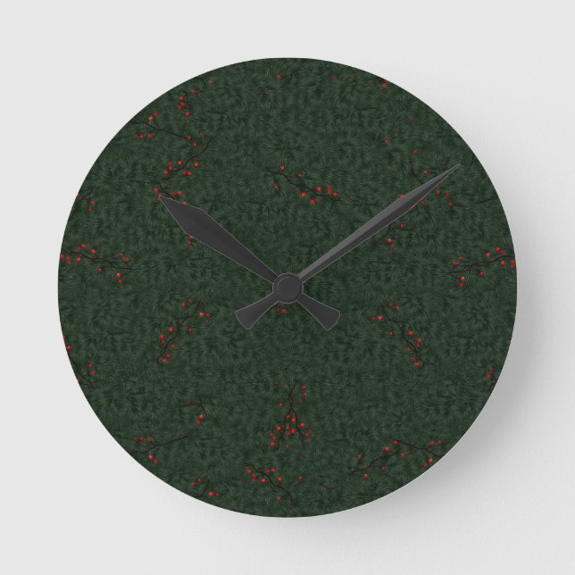 Christmas Pattern Pine Needles and Red Berries Round Clock (Front)