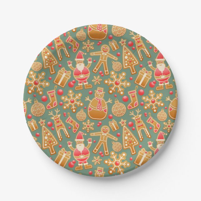 Christmas Pattern (Santa and Gingerbread) Paper Plate (Front)