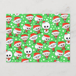 Christmas Pattern Santa and Snowman on Green. Holiday Postcard