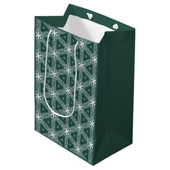 Christmas Pattern Snowflakes Green White Medium Gift Bag (Front Angled)