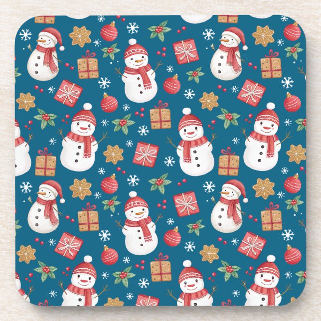 Christmas Pattern Snowman Holly Leaves And Present Coaster (Front)