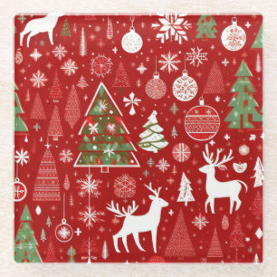 Christmas pattern snowman santa trees grey decor glass coaster