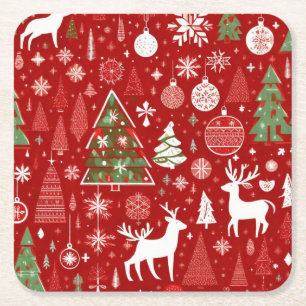 Christmas pattern snowman santa trees grey decor square paper coaster