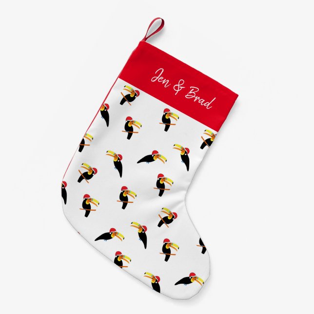 Christmas Pattern Tropical Toucans in Santa Hats Small Christmas Stocking (Front (Hanging))