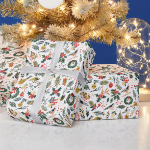 Christmas Pattern With Birds, Wreaths & Candy Wrapping Paper