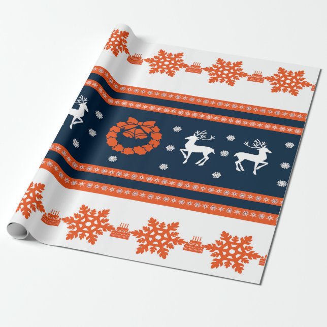 Christmas Pattern with Deer and Snowflakes Wrapping Paper (Unrolled)