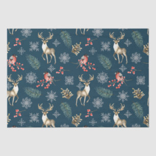 Christmas Pattern With Deer & Bullfinches Blue Tissue Paper