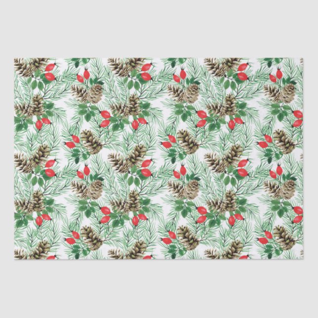 Christmas pattern with evergreens and red berries tissue paper (Front)