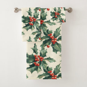 Christmas Pattern with Holly Leaves and Red Berry Bath Towel Set