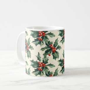Christmas Pattern with Holly Leaves and Red Berry Coffee Mug