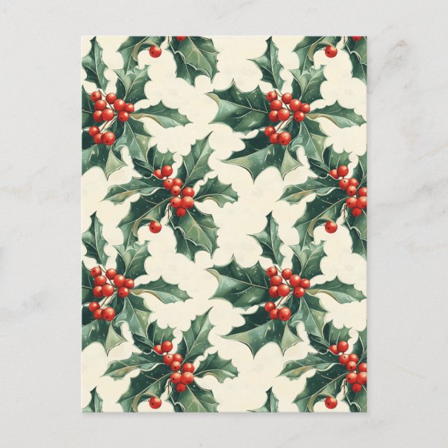 Christmas Pattern with Holly Leaves and Red Berry Postcard (Front)