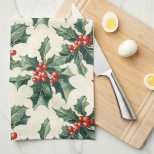 Christmas Pattern with Holly Leaves and Red Berry Tea Towel
