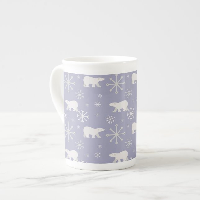 Christmas pattern with polar bears and snowflakes bone china mug (Front Left)
