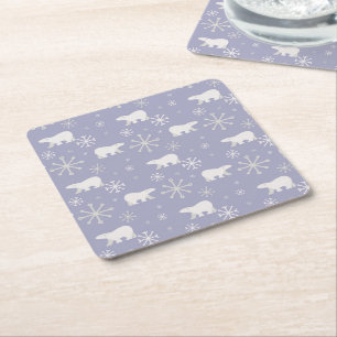 Christmas pattern with polar bears and snowflakes square paper coaster