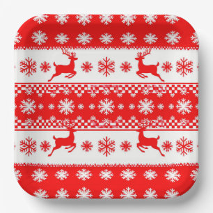 Christmas Pattern with Reindeer and Snowflakes Paper Plate
