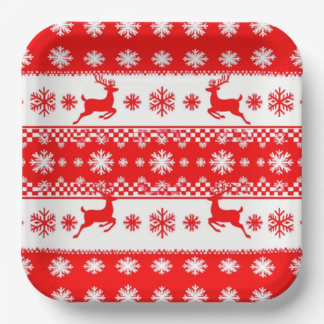 Christmas Pattern with Reindeer and Snowflakes Paper Plate (Front)
