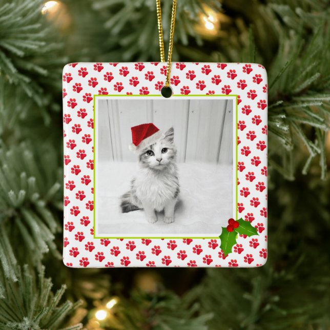 Christmas Paw Prints PET PHOTO Best Cat Ever NAME Ceramic Ornament (Tree)