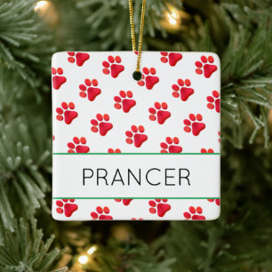 Christmas Paw Prints Red Pet Name Holiday Fun Ceramic Ornament