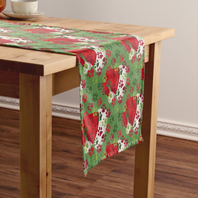 Christmas Paw Prints with Santa Hat Short Table Runner (In Situ)