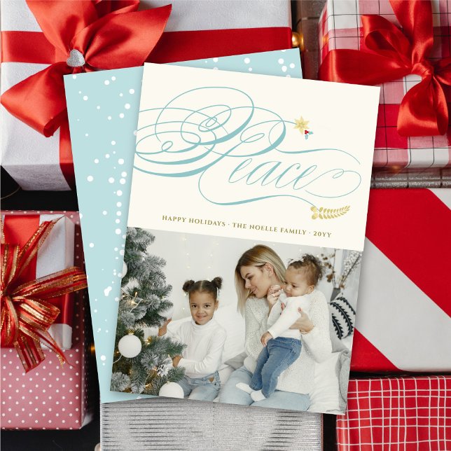 Christmas Peace Calligraphy Foliage Classic Photo Holiday Card (Creator Uploaded)