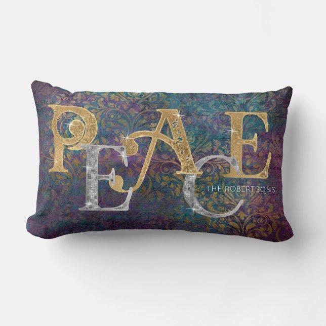 Christmas Peace Gold n Silver Peacock Colours Name Lumbar Cushion (Front)