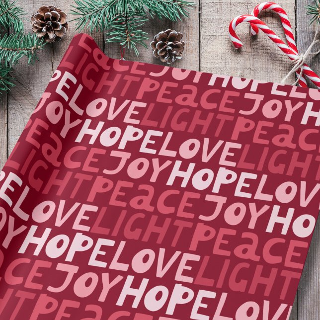 Christmas Peace Joy Hope Love Light Red Pattern Wrapping Paper (Creator Uploaded)