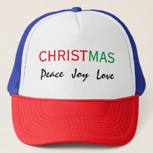 CHRISTMAS PEACE JOY LOVE TYPOGRAPHY TRUCKER HAT