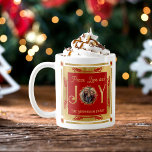 Christmas Peace Love and Joy Family Photo Coffee Mug<br><div class="desc">Simple faux foil,  elegant and understated family photo "Peace,  Love and Joy" wreath design with centre circular photo Christmas holiday design.  Outer ring,  letters "J" and "Y" in "Joy",  and the leaves encircling the photo are faux foil.  Top and bottom text is gold-toned (but not faux foil).</div>