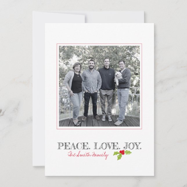 Christmas Peace Love Joy Holly Family Name Photo Holiday Card (Front)