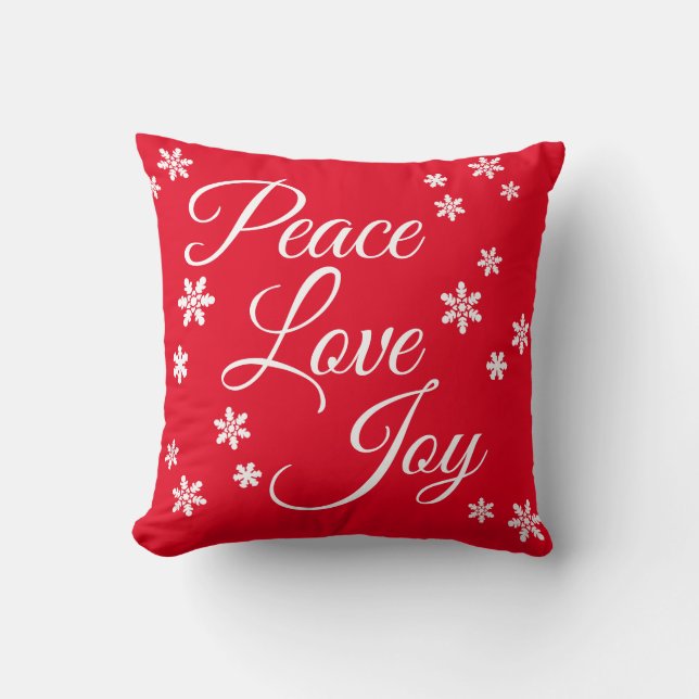 Christmas Peace Love Joy White Snowflake Script Cushion (Front)