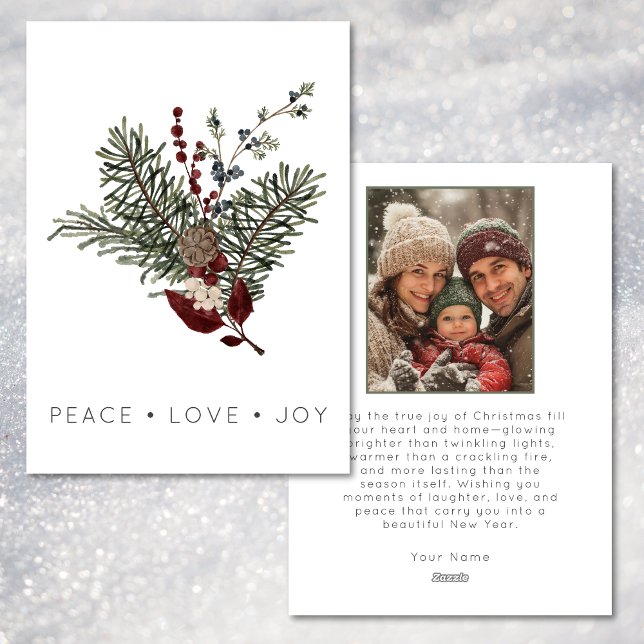 Christmas Peace Love Rustic Minimal Photo Pine Holiday Card (Christmas Peace Love Rustic Minimal Photo Pine Holiday Card)
