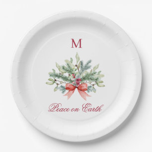 Christmas Peace on Earth Red Monogram Greenery Paper Plate