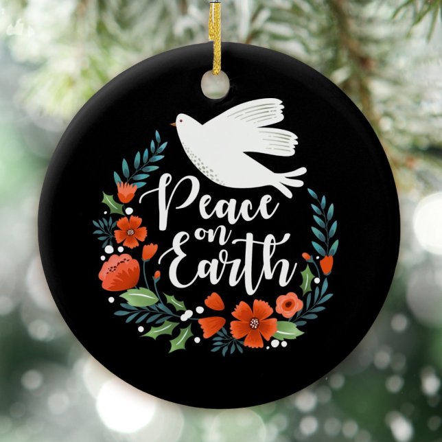 Christmas Peace on Earth Script Ceramic Tree Decoration (An elegant Christmas ornament with the words, Peace on Earth.)