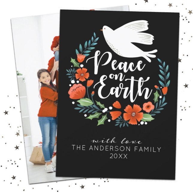 Christmas Peace on Earth Script Holiday Photo Card (An elegant photo Christmas card featuring a dove and the words Peace on earth)