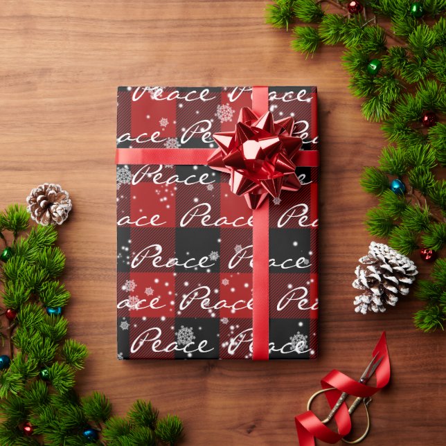 Christmas PEACE Text On Plaid In Snowflakes  Wrapping Paper (Holiday Gift)