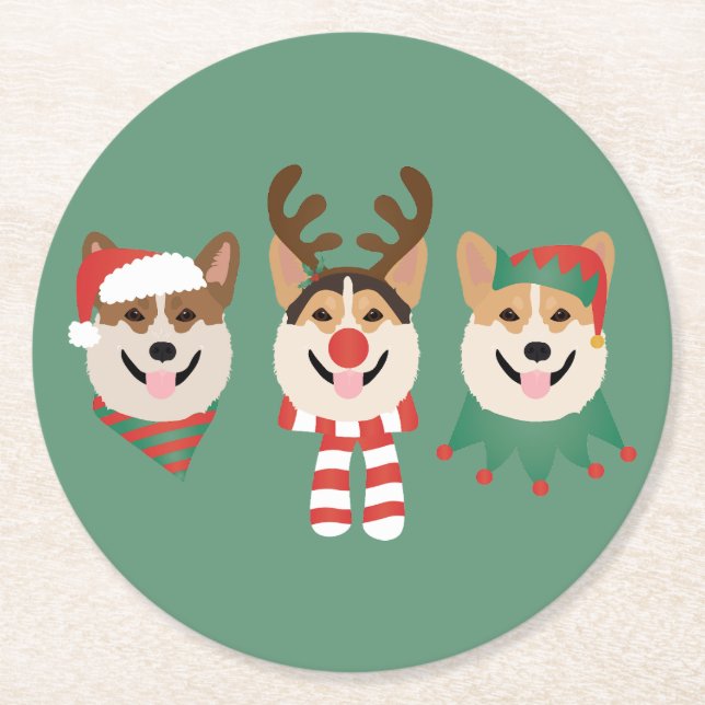 Christmas Pembroke Welsh Corgi Dogs Round Paper Coaster (Front)
