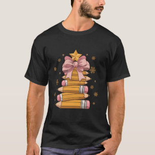 Christmas Pencil Tree Cute Pink Coquette Bow Teach T-Shirt